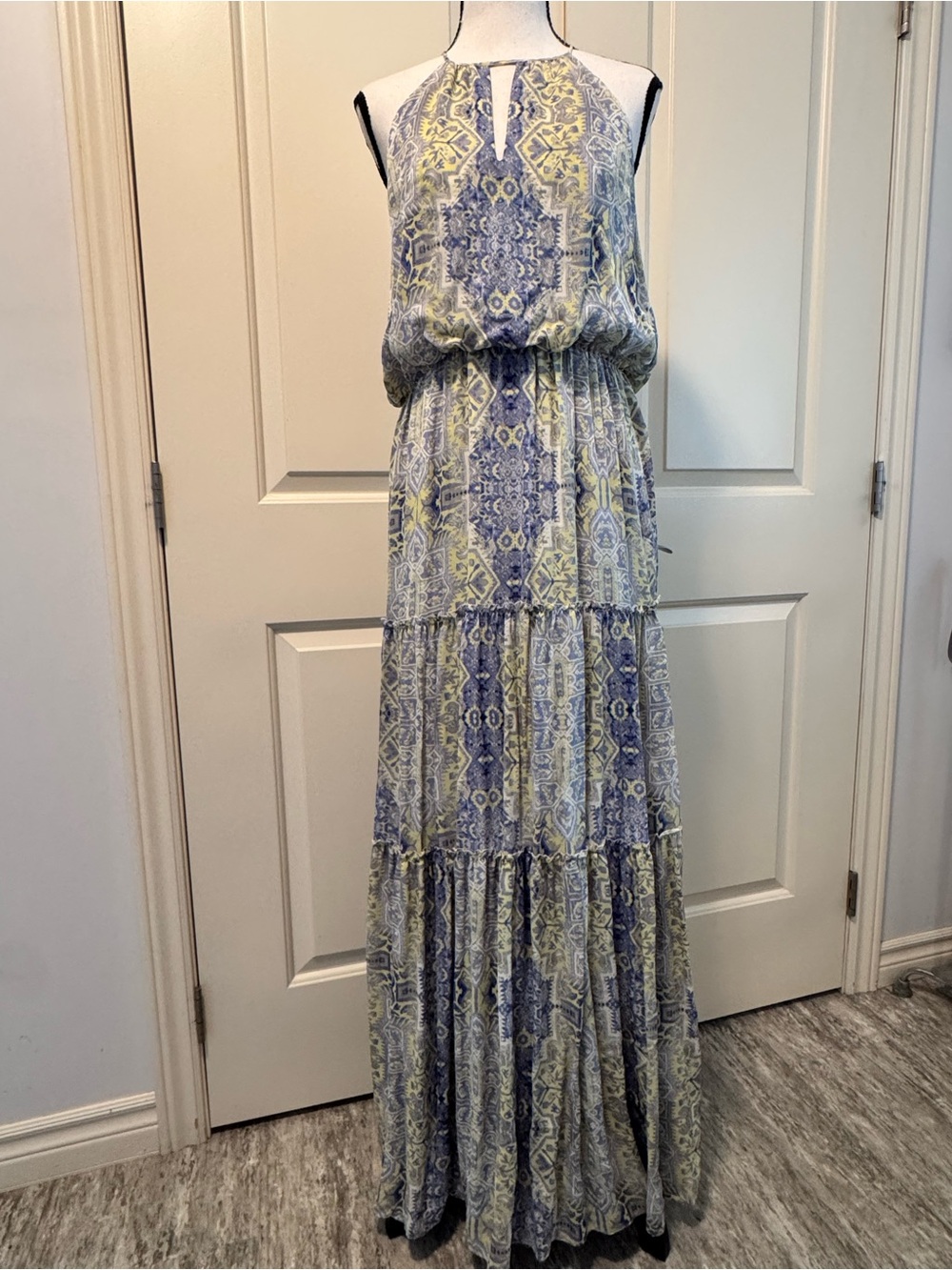 Parker Mosaic-style Halter Maxi Dress Blouson Waist Flowy Tiered Blue Yellow